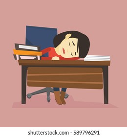 Asiatische Schüler schlafen nach dem Lernen. Erschöpfte Schüler schlafen am Schreibtisch mit Büchern. Frauen schlafen unter den Büchern am Tisch. Bildungskonzept. Vektorflache Design-Illustration. Quadratisches Layout.