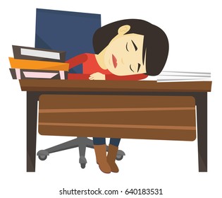 Asian student sleeping after learning. Fatigued student sleeping at the desk with books. Woman sleeping among the books at the table. Vector flat design illustration isolated on white background.