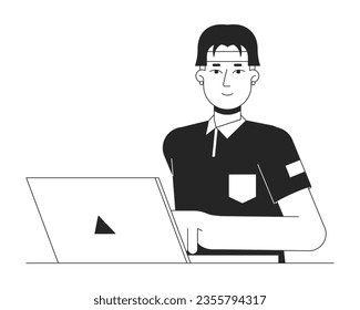 Asian student typing on laptop flat line black white vector character. E learning. Editable outline half body person. Hipster guy on notebook simple cartoon isolated spot illustration for web design