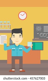 An asian student using a tablet computer in training class. Young man with tablet computer pointing forefinger up. Education technology. Vector flat design illustration. Vertical layout.
