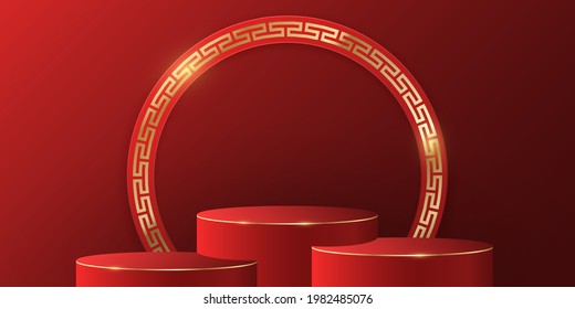 Asian style 3d podium with red wall to display your brands products. Chinese New Year design. Mockup for presentation. Golden frame with vintage pattern. Vector illustration. EPS 10.