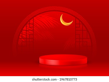 Asian style 3D scene with products display podium. Template for products advertising, presentation and promotion. Realistic pedestal on luxury red background with arch window. Vector illustration.