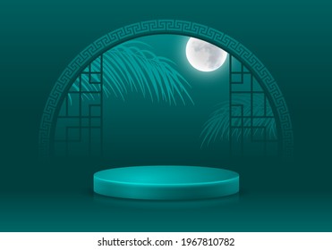 Asian style 3D scene with products display podium. Template for products advertising, presentation and promotion. Realistic pedestal on classic teal background with arch window. Vector illustration.