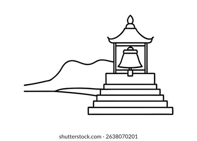 Asian style bell tower line drawing peaceful mountain landscape