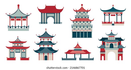 Asian style buildings. Korean houses and chinese palaces. Isolated ancient temple building, traditional oriental gates. Chinatown swanky architecture vector set