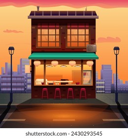 Asiatisches Café auf dem Hintergrund der Stadt bei Sonnenuntergang, Vektor-Illustration