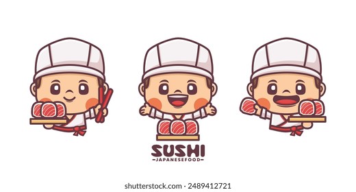 Asian style chef mascot design with japanese food sushi, vector illustration for culinary business, brand logo, sticker, cartoon identity, decal, icon, etc.