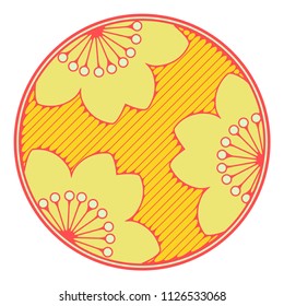 asian style circular drawing with stylized cherry flowers yellow shades