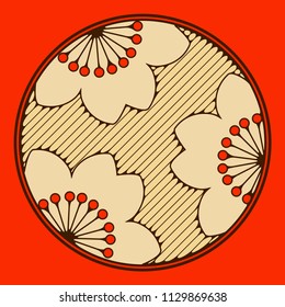 asian style circular drawing with stylized cherry flowers in red and ivory