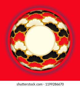 asian style circular frame with pine trees pattern in red gold