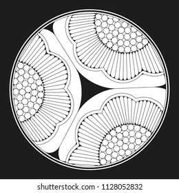 asian style circular pattern with stylized sunflowers in graphic black and white