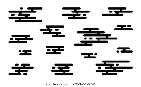 Asian style clouds in traditional Japanese and Chinese Oriental design. Decorative and geometric elements with an abstract, cartoon-like appearance. Flat vector illustration template.