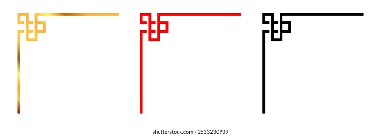 Asian style decorative corner frames in gold, red, and black. Vector design with geometric, traditional patterns. Perfect for invitations, borders, or ornamental art in Asian themes.