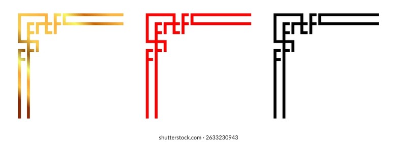 Asian style decorative corner frames in gold, red, and black. Vector design with geometric, traditional patterns. Perfect for invitations, borders, or ornamental art in Asian themes.