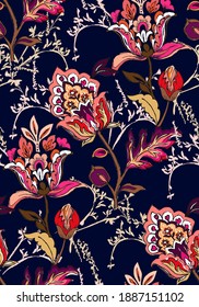 Asian style floral pattern design with colorful floral motifs. navy blue background