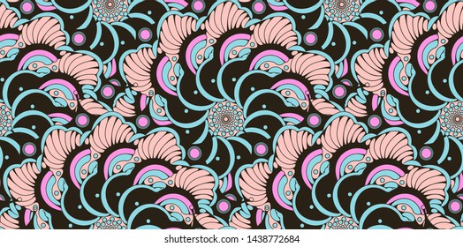 asian style floral seamless pattern with scales of flowers in salmon pink blue shades