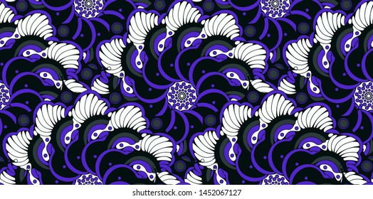 asian style floral seamless pattern with scales of flowers in dark purple shades