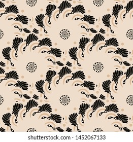 asian style floral seamless pattern with scales of flowers in ivory black shades