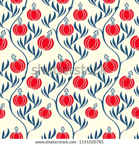 asian style floral seamless pattern with bell flowers in red and blue