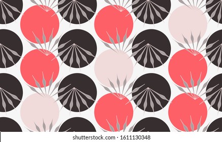 asian style floral wings circles seamless pattern in cream red shades