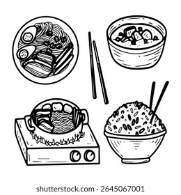 Asian style food set. Hand drawn doodle vector. Miso soup, ramen. Bowl of rice. Spicy beef noodles. Chopsticks. Restaurant menu. Illustration line art elements collection.