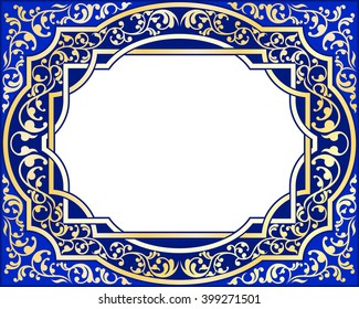 Asian style frame. Oriental background. Gold ornament on a blue background.