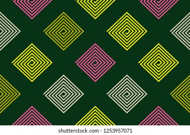 asian style geometric seamless pattern with square spirals in green pink