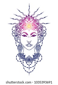 Asian style goddes, bohemian asian woman in crown and floral garland, vector illustration