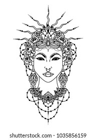 Asian style goddes, bohemian asian woman in crown and floral garland, vector illustration