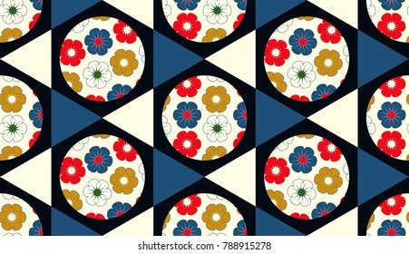 Asian style hexagons and flower balls seamless pattern in multicolor shades