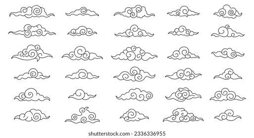 Asian style korean clouds. Japanese cloud linear, traditional oriental elements. Doodle asia decorative line symbols, decent vector flat graphic