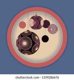 Asian style lanterns Christmas balls card in retro brown blue shades