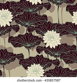 an asian style lotus pond seamless pattern in blue brown and ivory shades