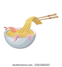 Asian style noodles with shrimp and octopus. vector illustration on a white background.