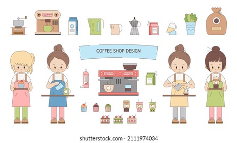 Asian Style Outline Clip Art Set For Coffee Shop Business - Part Time Job Barista And Waiter And A Lot Of Coffee Elements. Japanese Vector Illustration For Marketing And Advertising Posts And Banners.