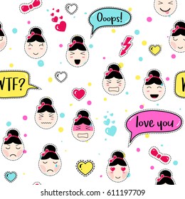 Asian style seamless pattern with anime emoticons girls. Tillable background for fabric, print, textile, wrapping paper or wallpaper. Cute girls with speech bubbles and different moods and hairstyles.
