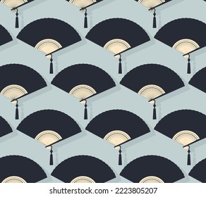 Patrón asiático sin fisuras. Ilustración vectorial del ventilador chino. Suveniente japonés repetido con un adorno de rejilla de ladrillo