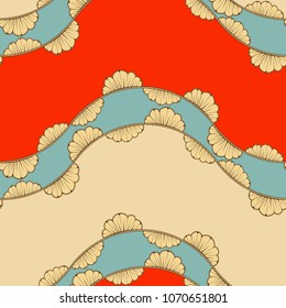 asian style seamless pattern with leaves waves in red and ivory