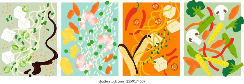 Asian style stir fries vector illustrations