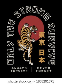 Asian Style Tiger Illustration with Slogans And Tokyo Japan Words in Japanese Artwork  for Apparel and Other Uses