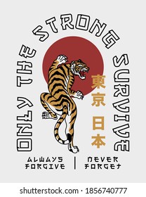 Asian Style Tiger Illustration with Slogans And Tokyo Japan Words in Japanese Artwork  on White Background for Apparel and Other Uses