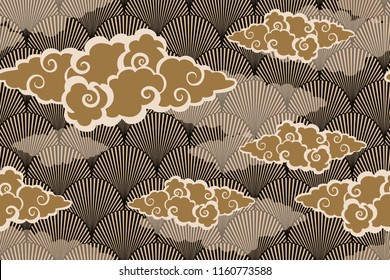 asian style wallpaper with clouds over stylized forest in gold shades