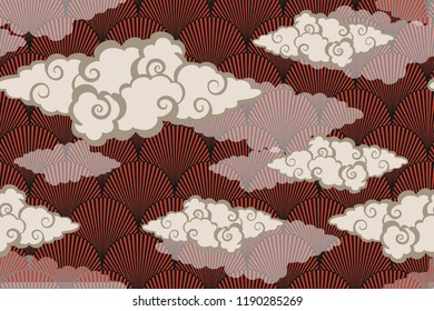 asian style wallpaper with clouds over stylized landscape in red
