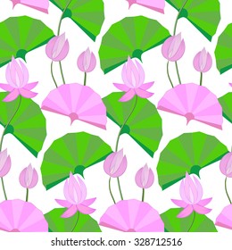 Asian stylized pattern with Japanese fans and lotus flowers. Green fan stylized lotus leaves and pink fan stylized blooming lotus.