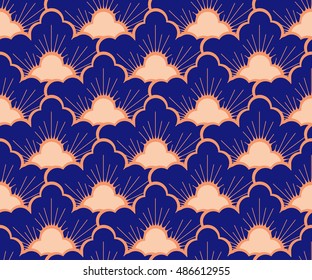 Asian stylized pine forest seamless pattern in dark blue and gold