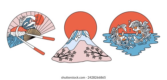 Asian sublimations with Koi fishes, mountain Fujiyama, fan in vector hand drawn style.