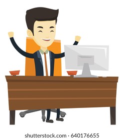 Asian successful business man celebrating at workplace in office. Successful business man celebrating success. Successful business concept. Vector flat design illustration isolated on white background