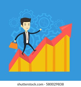 Asian successful business man standing on profit chart. Young happy business man running along the profit chart. Business profit concept. Vector flat design illustration. Square layout.