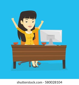 Asian successful business woman celebrating at workplace in office. Successful business woman celebrating business success. Successful business concept. Vector flat design illustration. Square layout.