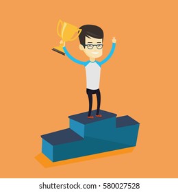 Asian successful businessman with business award standing on a pedestal. Cheerful businessman celebrating his business award. Business award concept. Vector flat design illustration. Square layout.